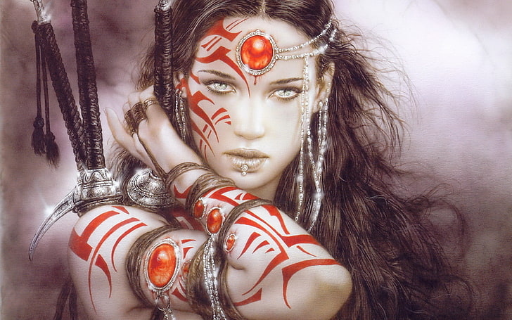 wanita dengan tato merah memegang wallpaper pedang, realistis, wanita, Luis Royo, seni fantasi, berambut cokelat, tinta, Wallpaper HD