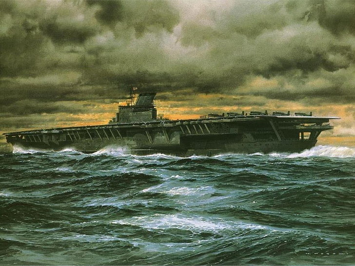 gray cargo ship, warship, ship, aircraft carrier, military, artwork, HD wallpaper