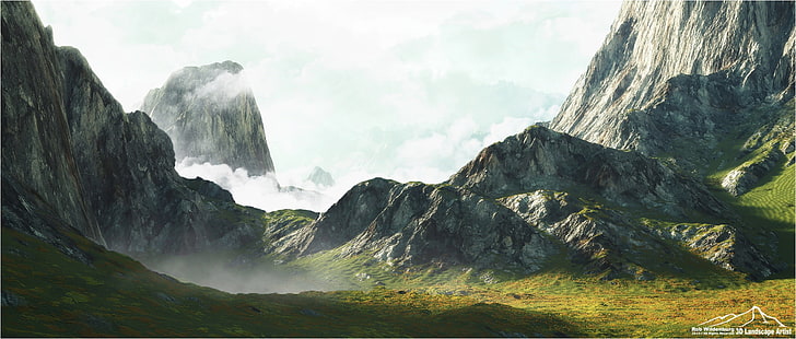 لوحة تجريدية باللونين الأبيض والأسود ، CGI ، جبال ، غيوم، خلفية HD