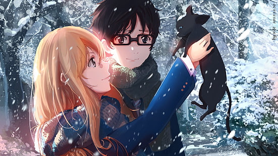 ilustracja postaci kobiecych i męskich anime, Anime, Twoje kłamstwo w kwietniu, chłopiec, kot, dziewczyna, okulary, Kaori Miyazono, Kousei Arima, śnieg, Tapety HD HD wallpaper