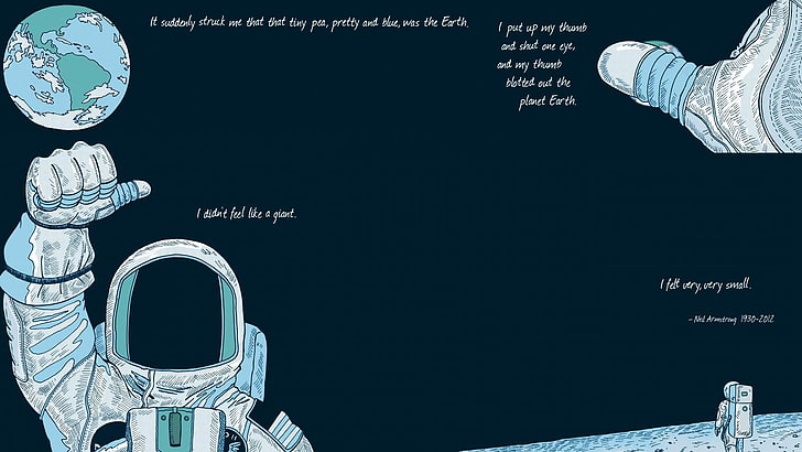 Ilustración de astronauta, cita, Neil Armstrong, Tierra, espacio, traje espacial, Luna, texto, tipografía, ilustraciones, astronauta, Fondo de pantalla HD