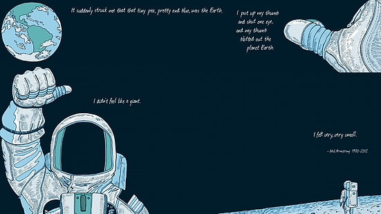 Ilustração de astronauta, citação, Neil Armstrong, terra, espaço, traje espacial, lua, texto, tipografia, obra de arte, astronauta, HD papel de parede HD wallpaper