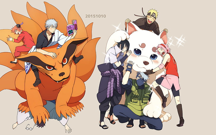 ภาพประกอบตัวละคร Naruto, Anime, Crossover, Gintama, Gintoki Sakata, Kagura (Gintama), Kakashi Hatake, Kyūbi (Naruto), Naruto, Naruto Uzumaki, Sadaharu (Gintama), Sakura Haruno, Sasuke Uchiha, Shimura Shinpachi, วอลล์เปเปอร์ HD