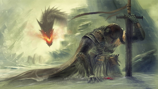 Knight Medieval Drawing Dragon Sword HD, fantasy, ritning, drake, svärd, riddare, medeltida, HD tapet HD wallpaper
