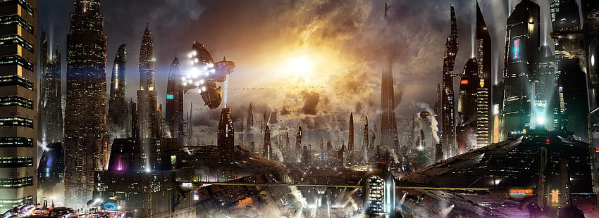 ilustracja budynków miejskich, maszyna, miasto, światła, przyszłość, fikcja, budynek, drapacze chmur, megapolis, science fiction, sci-fi, Scott Richard, samolot, futuryzm, futurystyczne miasto 3, aerocare, Tapety HD HD wallpaper