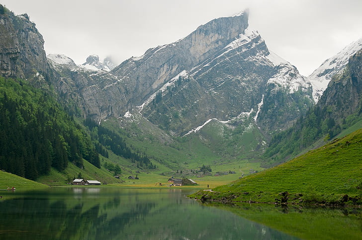 Switzerland, mountains, rock formation, valley, river, trees, snowy peak, HD wallpaper