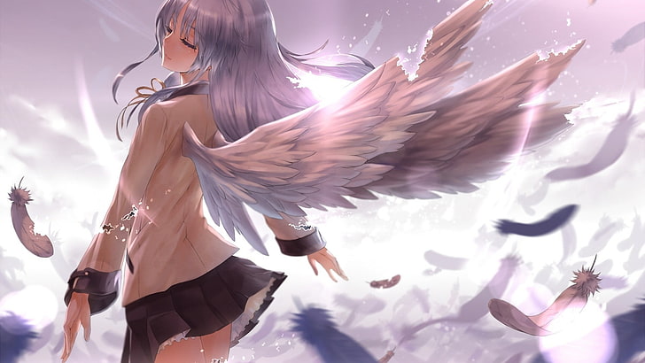 siwowłosa aniołek postać z anime, anime dziewczyny, skrzydła, anioł, Angel Beats !, anime, Tachibana Kanade, Tapety HD