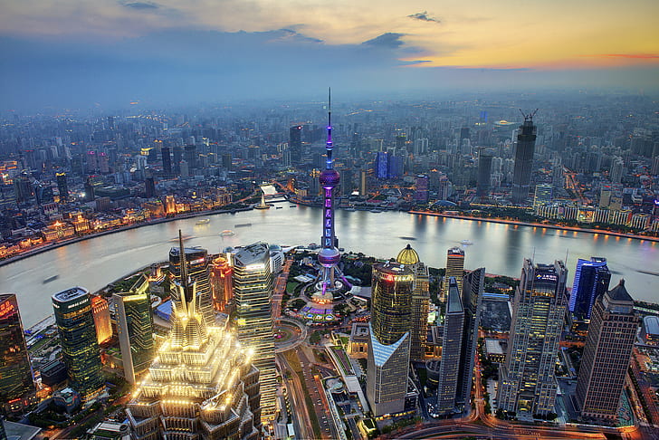 sunset, river, China, Oriental Pearl Tower, Jin Mao Tower, the Huangpu river, HD wallpaper