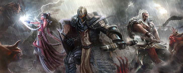 Crusader poster, weapons, rain, warrior, art, monsters, MAG, battle, Diablo III, barbarian, Reaper of souls, HD wallpaper