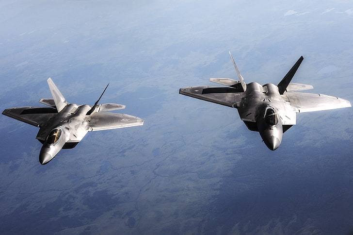 two white airplanes, the sky, fighters, aircraft, UNITED STATES AIR FORCE, F-22 Raptor, fifth generation, multipurpose, The F-22 