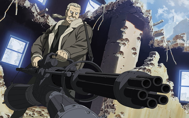 männliche Anime-Figur mit schwarzer Gatling-Waffe, Geist in der Muschel, Mann, Gebäude, Zerstörung, Wut, HD-Hintergrundbild