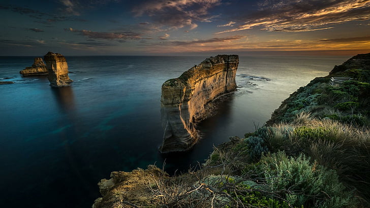 ocean, coast, sky, headland, promontory, rock, cliff, horizon, sunset, shore, rock formation, australia, evening, HD wallpaper