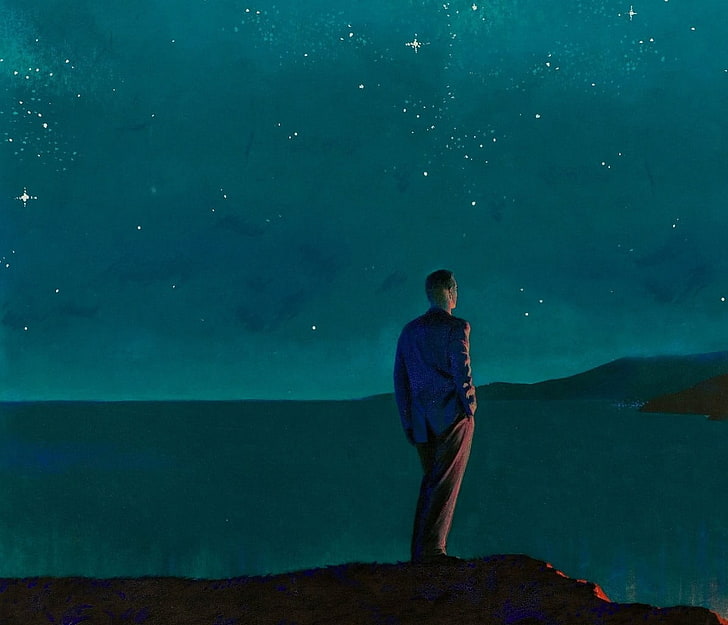 man staring at sea illustration, men, stars, sea, sky, artwork, HD wallpaper