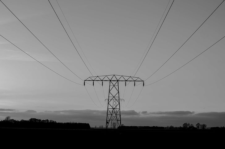 black and white, electricity, energy, pylon, HD wallpaper