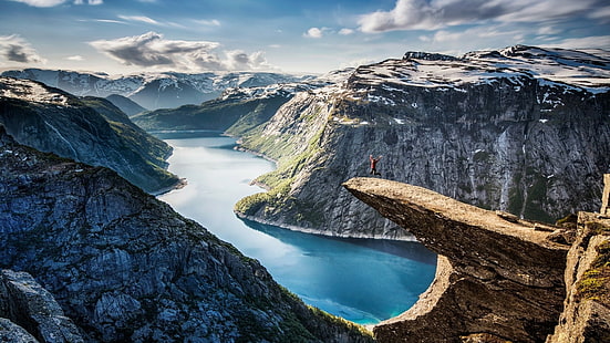 雪、ノルウェー、eu、ホルダラン、トロルトゥンガ、hardangerfjord、雲、青緑色の水、氷河湖、地形、自然、氷河地形、落ちた、フィヨルド、湖、水、空、反射、山、荒野、 HDデスクトップの壁紙 HD wallpaper