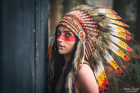 Жени, индиански, кафяви очи, перо, шапка за глава, HD тапет HD wallpaper