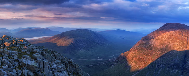 landscape photography of mountains  with clouds, Beginning, Contours, landscape photography, mountains, clouds, Scotland, Glencoe, Buachaille Etive Beag, Schiehallion, mountain, nature, mountain Peak, landscape, scenics, sunset, outdoors, travel, sky, hiking, snow, sunrise - Dawn, mountain Range, valley, beauty In Nature, hill, cloud - Sky, autumn, rock - Object, HD wallpaper