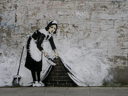 Mujer sosteniendo pintura de cortina, artístico, graffiti, Banksy, Fondo de pantalla HD HD wallpaper