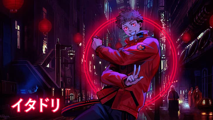 Jujutsu Kaisen, Yuji Itadori, red eyes, glowing, red jackets, circle, kanji, Smile (artist), anime boys, Sukuna, Chinatown, HD wallpaper
