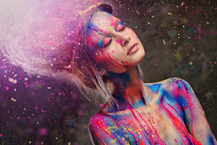 selective focus of woman with paint on her body and hair, women, closed eyes, colorful, paint splatter, HD wallpaper