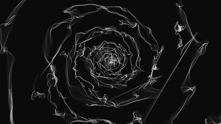 lukisan abstrak hitam putih, seni digital, minimalis, asap, spiral, latar belakang hitam, abstrak, Wallpaper HD