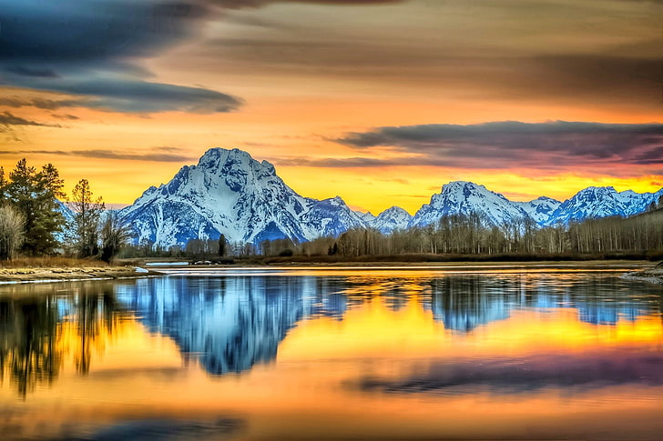 Natur, Landschaft, Berge, Fluss, Sonnenuntergang, Grand Teton National Park, Reflexion, Himmel, schneebedeckte Spitze, Bäume, Wasser, Wolken, bunt, Wyoming, HD-Hintergrundbild