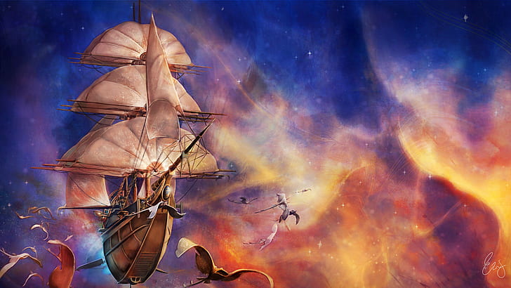 Treasure Planet, Disney, espacio, barco, barco, ciencia ficción, arte de fantasía, vuelo, arte espacial, nave espacial, dirigible steampunk, steampunk, Fondo de pantalla HD