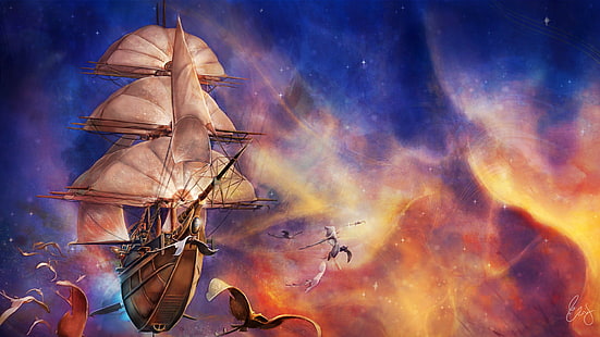  Treasure Planet, Disney, space, ship, boat, science fiction, fantasy art, flying, space art, spaceship, steampunk airship, steampunk, HD wallpaper HD wallpaper