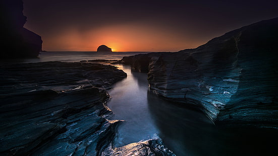 mar, costa, cielo, agua, roca, crepúsculo, orilla, horizonte, acantilado, océano, puesta de sol, Fondo de pantalla HD HD wallpaper