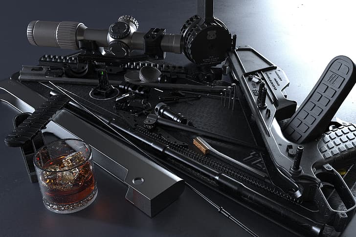 Anthony Brun, ArtStation, 3D, CGI, digital art, sniper rifle, assault rifle, black rifle, whisky glass, whiskey, ice cubes, whisky, alcohol, artwork, scratches, Scotch, gray background, HD wallpaper