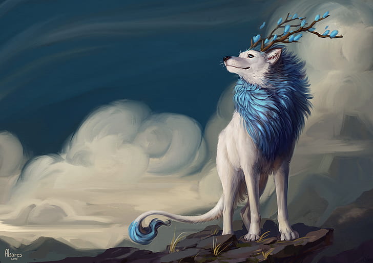 fantasy wolf, smiling, horns, clouds, tail, creature, Fantasy, HD wallpaper