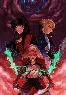 ซีรีส์ Fate, Fate / Stay Night, Fate / Stay Night: Unlimited Blade Works, Archer (Fate / Stay Night), Saber, Shirou Emiya, Tohsaka Rin, วอลล์เปเปอร์ HD HD wallpaper