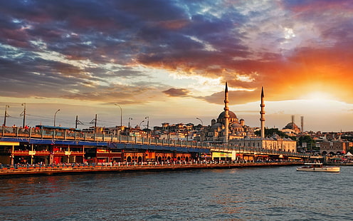 architektura, most, miasto, chmury, most Galata, architektura islamu, Istambuł, Meczet, morze, zachód słońca, turcja, Yeni Camii, Tapety HD HD wallpaper