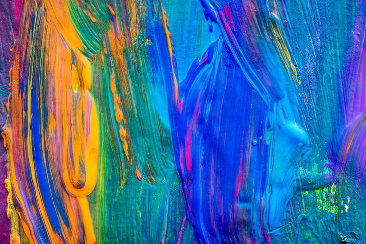 blue, orange, and yellow abstract painting, paint, colors, texture, acrylic, HD wallpaper