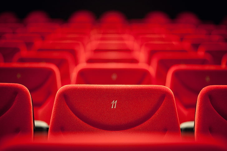 kursi bioskop merah, merah, kursi, kamar, jajaran, nomor, Wallpaper HD