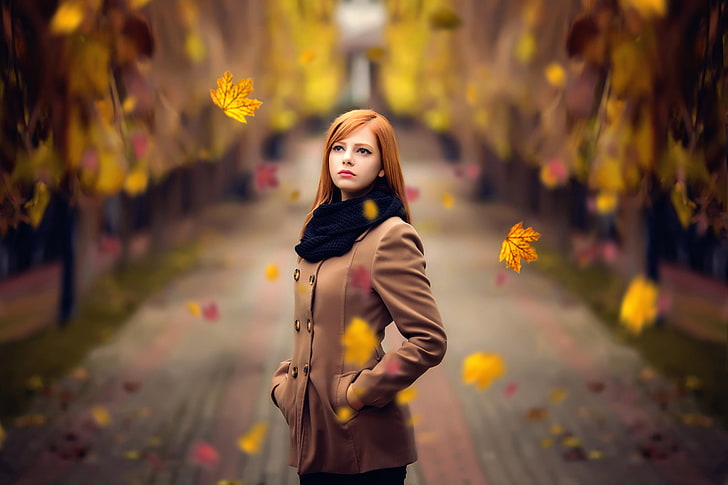 autumn, leaves, the beauty, redhead, Melis, HD wallpaper