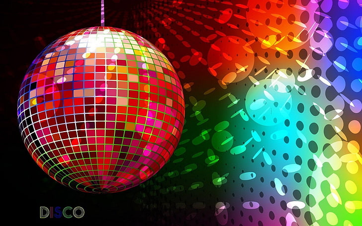 Disco Lights, röd och gul spegelboll, musik,, lampor, disco, HD tapet