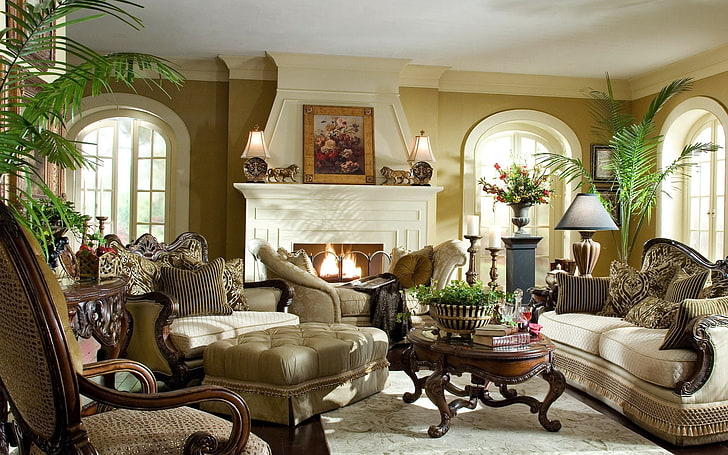 beige fabric sofa set, living room, furniture, antique, beautiful, interior, HD wallpaper