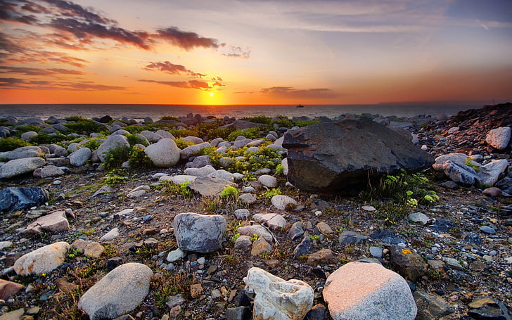 Natur, Sonnenuntergang, Meer, Felsen, Himmel, Sonnenlicht, Steine, Küste, HD-Hintergrundbild