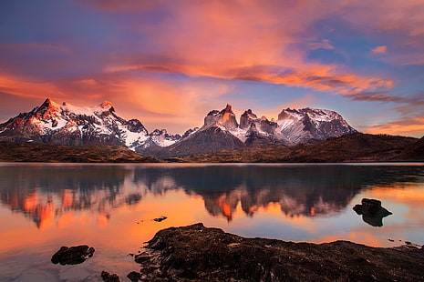 vattendrag, sjö, morgon, Chile, Sydamerika, Patagonien, Andesbergen, nationalpark Torres del Paine, Peoe, HD tapet HD wallpaper