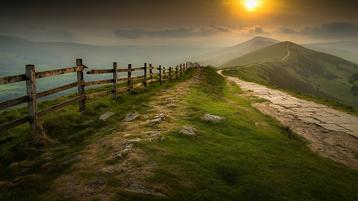 sky, highland, hill, grassland, grass, morning, sunlight, fog, mountain, sun, fence, path, HD wallpaper