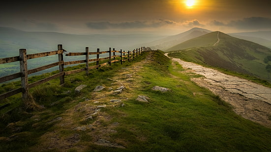 sky, highland, hill, grassland, grass, morning, sunlight, fog, mountain, sun, fence, path, HD wallpaper HD wallpaper