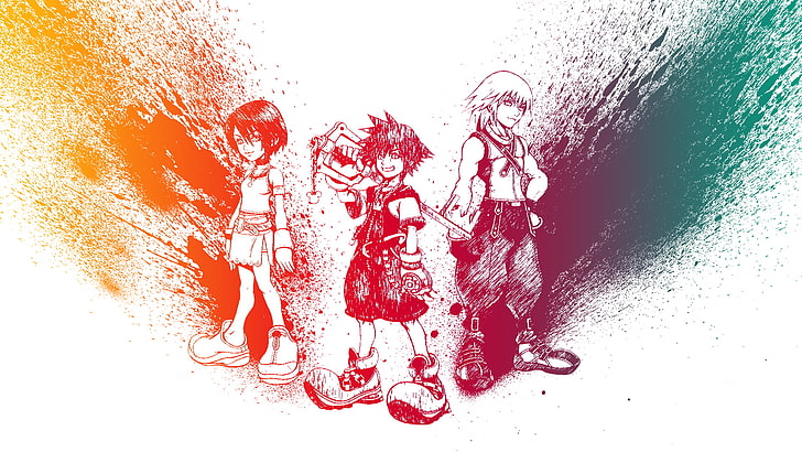 anime digital wallpaper, Kingdom Hearts, Sora (Kingdom Hearts), Riku, Kairi, Keyblade, video games, HD wallpaper