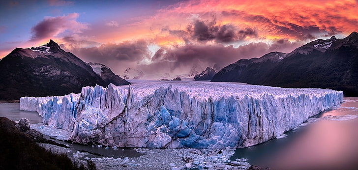 lodowce, Perito Moreno, Argentyna, zachód słońca, morze, góry, chmury, zaśnieżony szczyt, przyroda, krajobraz, Tapety HD