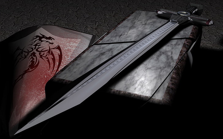 серый меч, меч, щит, фэнтези-арт, HD обои