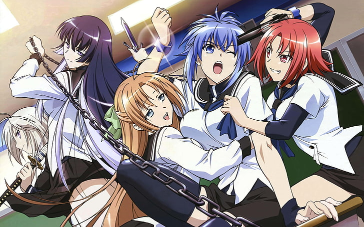 blue-haired female anime character, anime, kaempfer, girls, guns, threat, chain, HD wallpaper