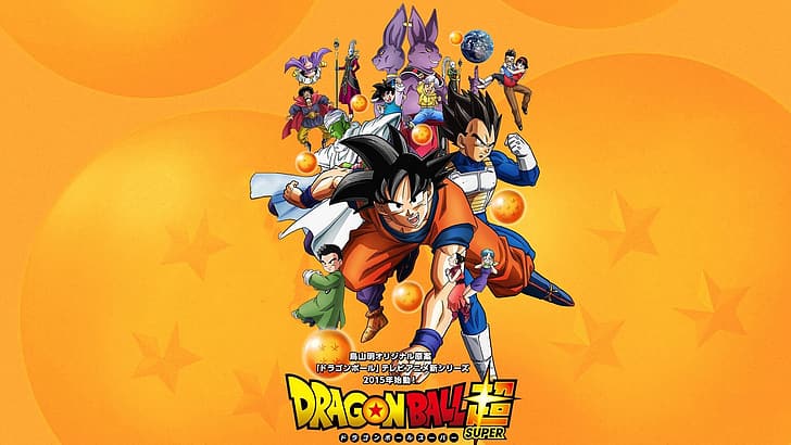 Dragon Ball Super, Majin Buu, Son Goku, Vegeta, Hercule, Beerus, Champa, Whis, Gohan, Son Goten, troncs, Vados (Dragon Ball), Piccolo, Bulma, Chi-Chi, Krillin, Videl, Fond d'écran HD
