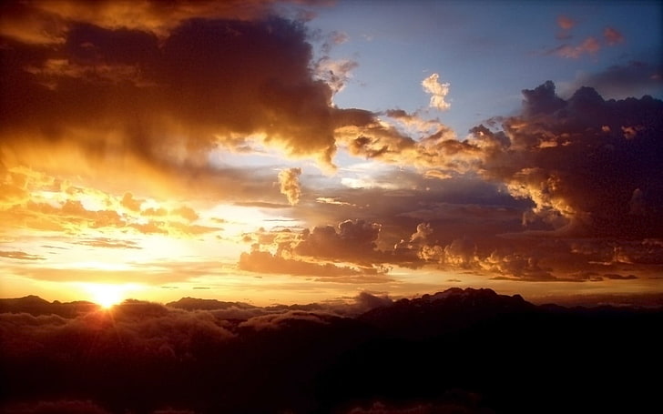 rayon crépusculaire, nature, nuages, montagnes, lever du soleil, silhouette, ciel, Fond d'écran HD