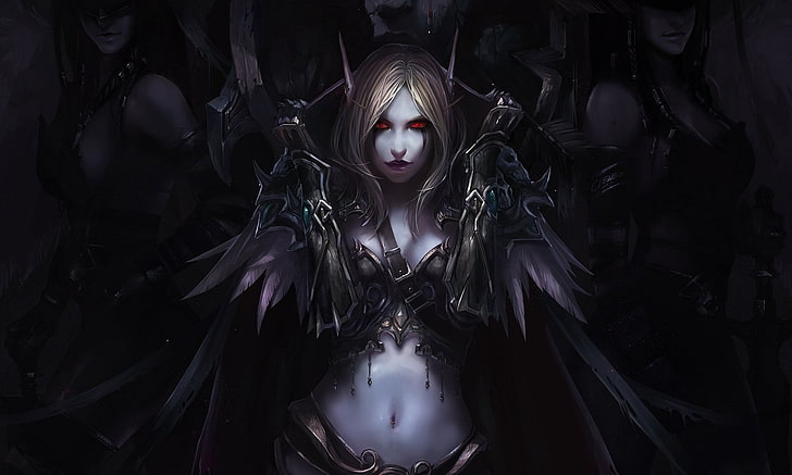 илюстрация на женска екшън фигура, Warcraft, World Of Warcraft, Броня, Тъмно, Демон, Елф, Фантазия, Силванас Вятърник, Жена, Жена войн, HD тапет