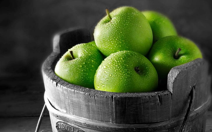 Green-apples-black-and-white-backgroud, green apple fruits, apples, photography, 3d, green, basket, apple, 3d and abstract, HD wallpaper